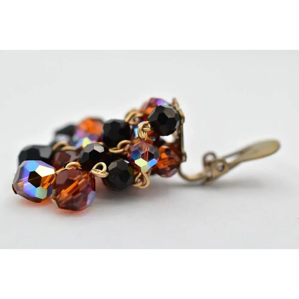 Laguna Vintage Clip On Crystal Earrings Chandelier Black Orange Signed 1950s A24